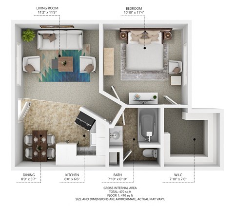 Floor plan for 1 bed, 1 bath, 650 sqft